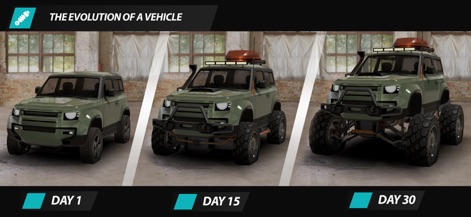 Offroad League Online - Observe the detailed evolution of an offroad vehicle, showcasing its transformation from a standard model to a customized beast with advanced suspension and rugged tires.