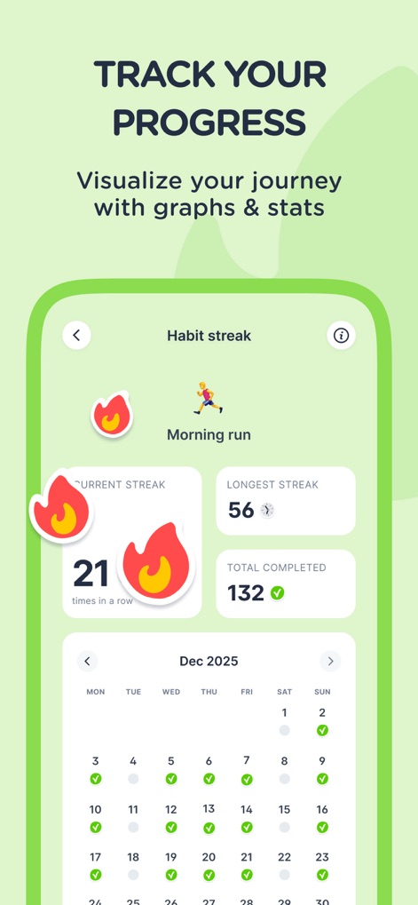 Dear Me: Daily Routine Tracker - Users can clearly visualize their journey and maintain motivation through a comprehensive habit streak tracker and a calendar view highlighting completed tasks.