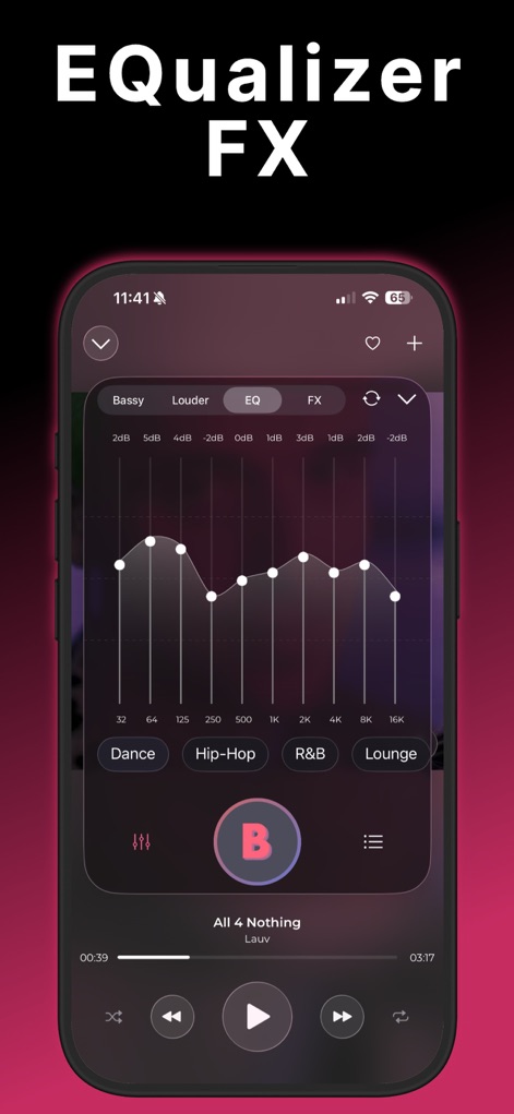 Bass Booster & Music EQ: BASSY - Users can fine-tune their audio with the detailed 10-band equalizer graph, or quickly select from specialized preset buttons like Dance and Hip-Hop.