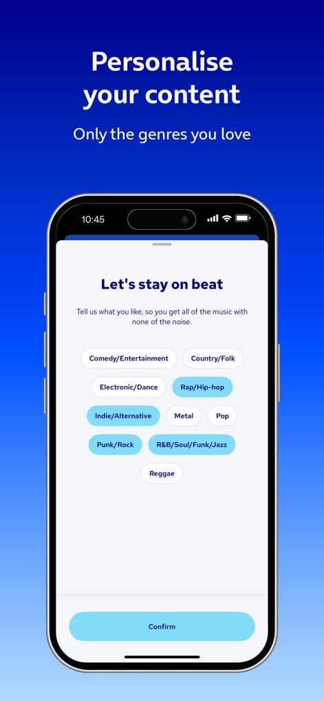 O2 Academy Venues - The app allows for content personalization, enabling users to select their preferred music 'genres' for tailored recommendations and confirm their choices with a dedicated 'Confirm' button.