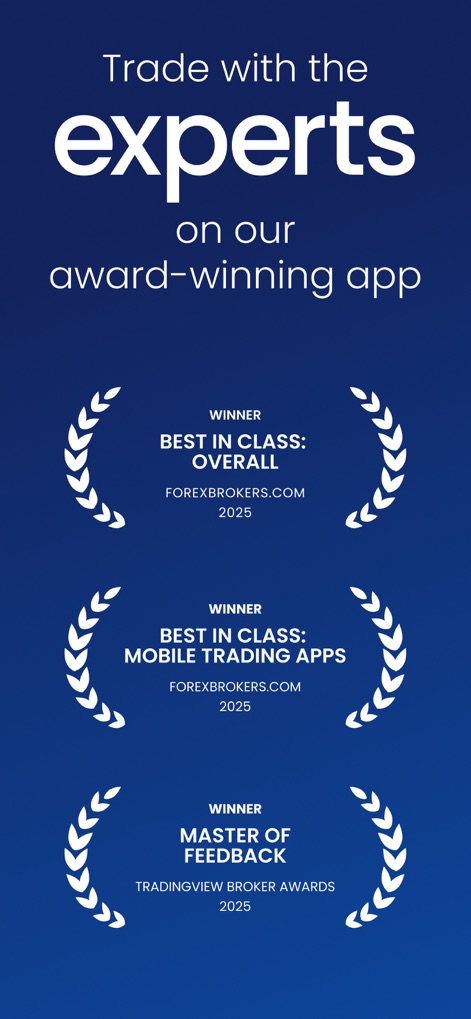 FOREX.com Forex Trading Broker - The app proudly displays its "BEST IN CLASS: OVERALL" and "BEST IN CLASS: MOBILE TRADING APPS" awards, validating its expert recognition in the industry.