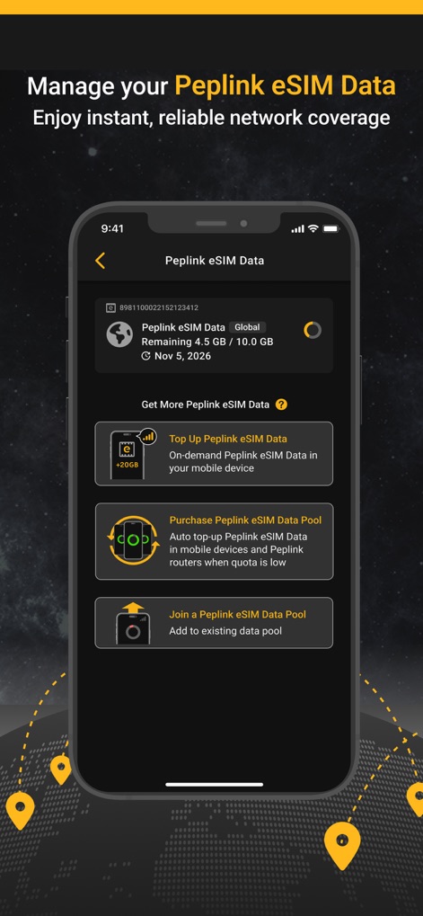 SpeedFusion Connect - Review the dedicated interface for 'Peplink eSIM Data' management, showcasing options to 'Top Up Peplink eSIM Data' and 'Purchase Peplink eSIM Data Pool'.