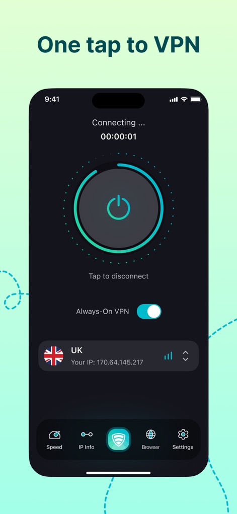 VPN FREE Super Unlimited Proxy - Users can initiate a secure connection with a single tap on the central connect button and maintain continuous protection via the "Always-On VPN" toggle.