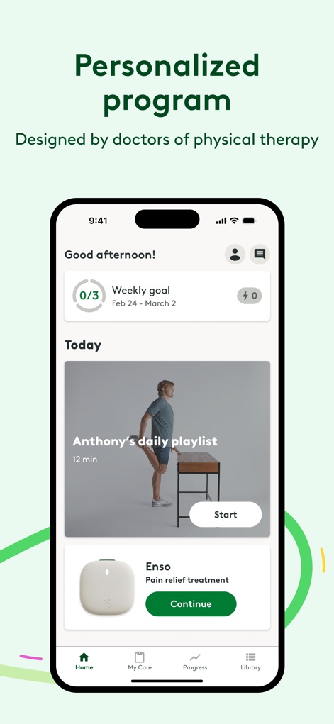 Hinge Health - Cet outil offre un tableau de bord intuitif qui présente l'"objectif hebdomadaire" (par exemple, "0/3") et une "playlist d'exercices quotidienne" personnalisée.