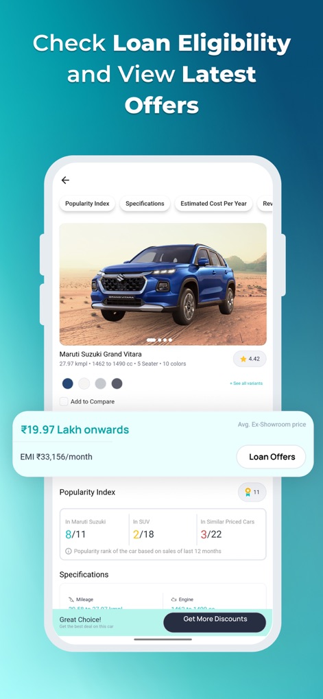 CarInfo - Vehicle Information - The app provides detailed vehicle specifications and a popularity index for cars, alongside a convenient 'Loan Offers' button to explore financing options.