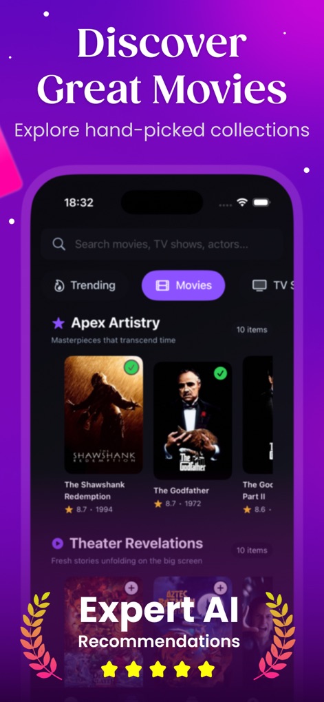 PipeCalc AI: Movie & TV Picks - ホーム画面には「Apex Artistry」などの精選されたコレクションと、上部の統合検索バーが表示されています。