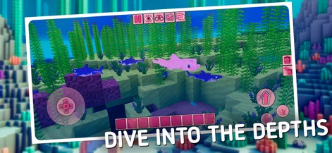 Kawaii World - Craft and Build - Dive into the depths to discover a vibrant underwater world, teeming with marine life such as playful sharks and a pink dolphin.
