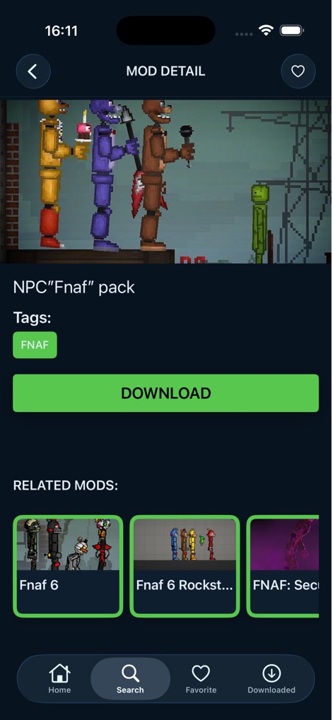 Mods For Melon Playgrounds! - モッドの詳細画面では、「NPC 'Fnaf' pack」のプレビュー画像とダウンロードボタンが提供され、「Fnaf 6」のような関連モッドも閲覧できるため、ユーザーはさらに探求できます。