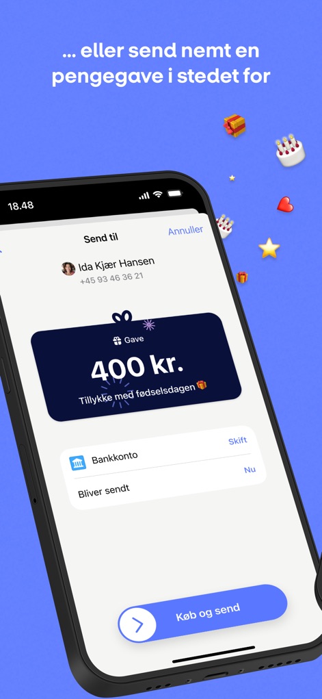 MobilePay - The app enables sending personalized money gifts, featuring a clear amount with a birthday message and a digital gift-wrap effect.