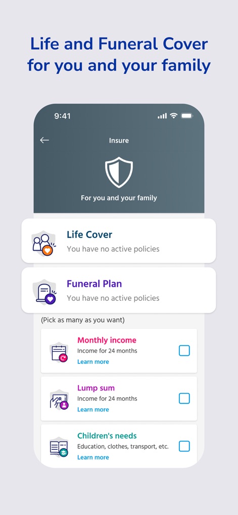 Capitec Bank - Users can explore comprehensive insurance protection, including Life Cover and Funeral Plans, with flexible payout options like monthly income or a lump sum.