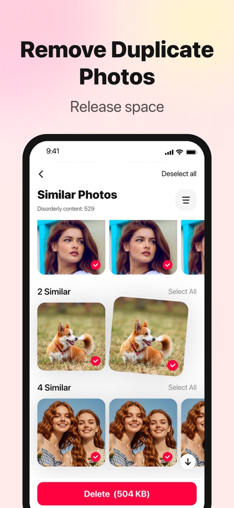 Powerful Clean: Phone Cleaner - The app presents "Similar Photos" in distinct groups, allowing users to make precise selections with red checkmarks before deletion, displaying the "Delete (504 KB)" button.