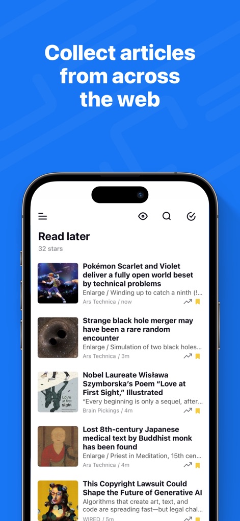 Inoreader: News & RSS reader - Users can effortlessly collect and save articles from across the web into a dedicated 'Read later' section, utilizing prominent bookmark icons for future reference.