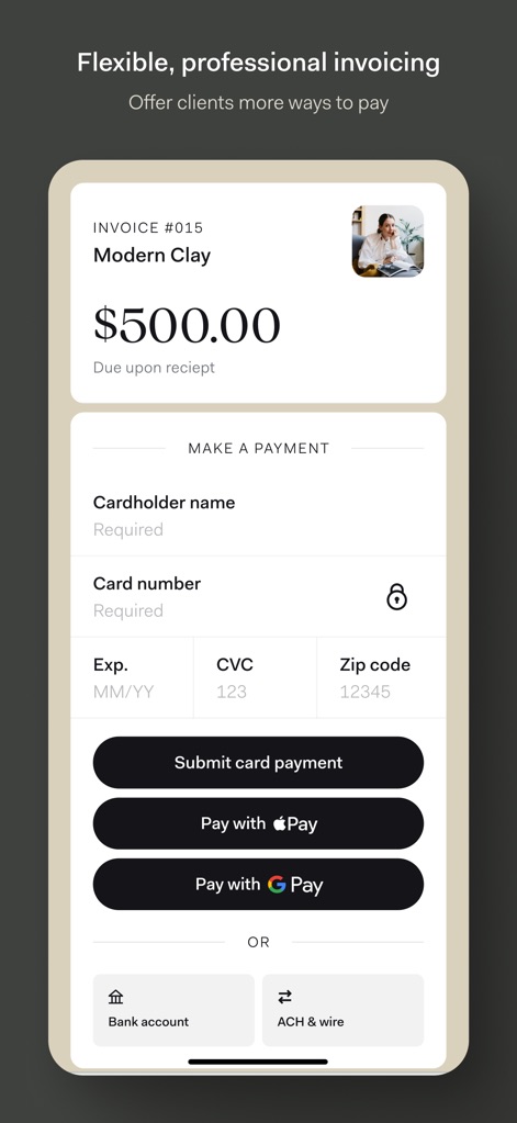 Found: Business Banking - The app offers professional invoicing with multiple payment options, allowing clients to pay via card, Apple Pay, Google Pay, or traditional bank transfers.