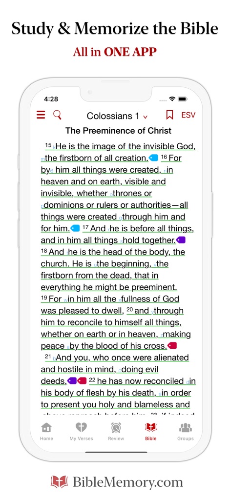 The Bible Memory App - Die App bietet einen integrierten Bibeltext, der das Studium durch die Hervorhebung von Versen wie Kolosser 1 und die Anzeige farbcodierter Textabschnitte erleichtert.