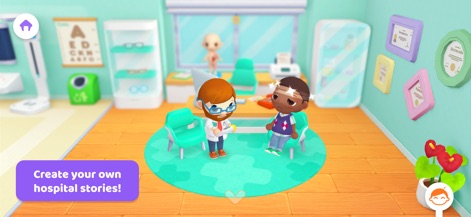 Central Hospital Stories - Users can engage in imaginative role-play within a detailed consultation room, featuring interactive doctor and patient characters.