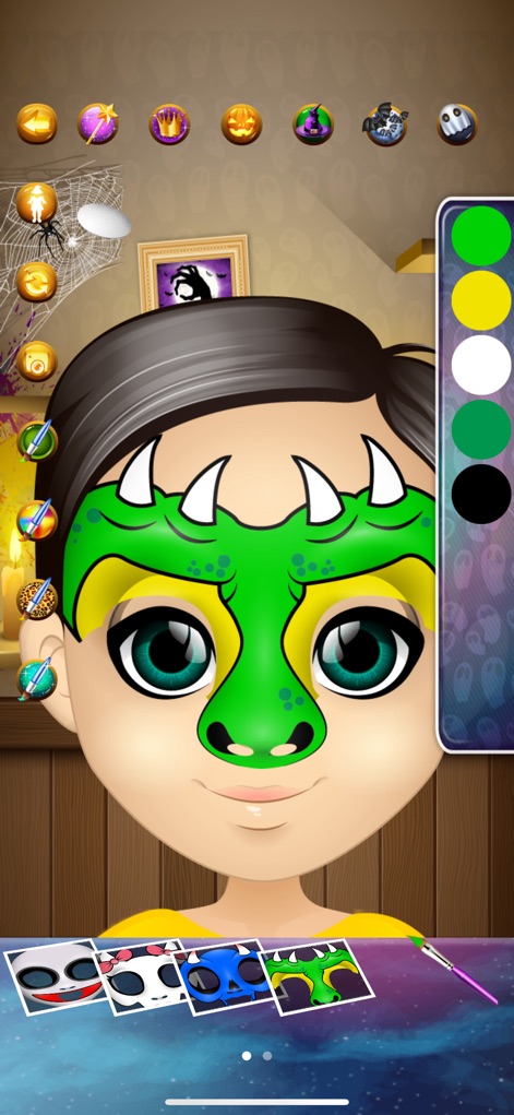Halloween Face Paint Salon - Children can transform characters into mythical creatures using detailed dragon face paint stencils and an accessible selection of vibrant green and yellow colors.