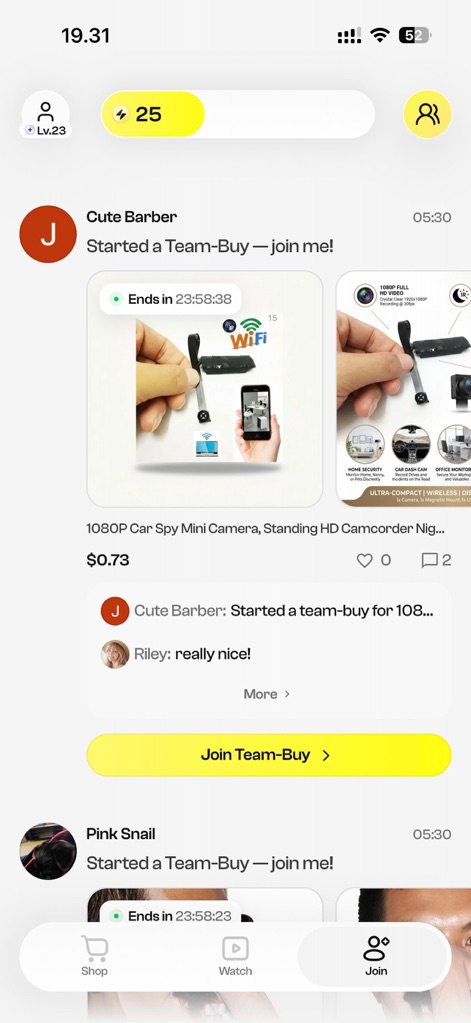 Blidz - Shop Deals, Save Money - La sección "Join" permite a los usuarios descubrir y unirse a ofertas de compra en equipo iniciadas por otros, como la "1080P Car Spy Mini Camera" con un temporizador de cuenta regresiva.