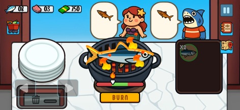 Catch and Feed - Observe the exciting cooking interface, where fish are grilled to perfection for hungry NPCs like the mermaid and shark characters, illustrating the app's core feeding loop.