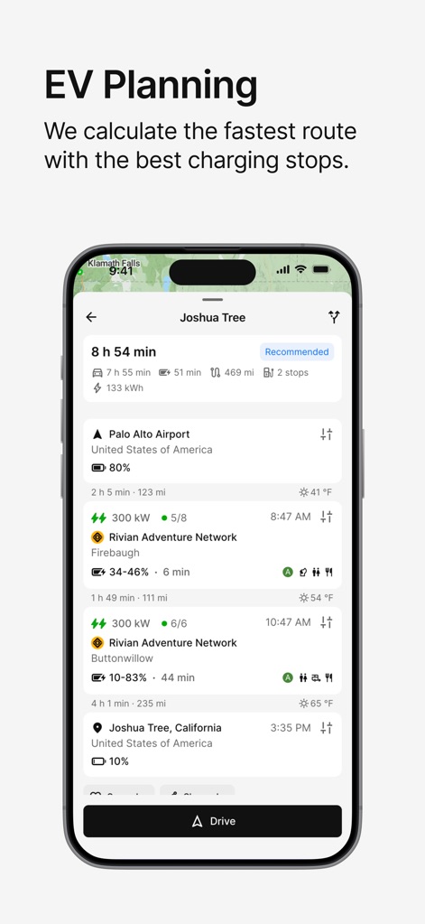 A Better Routeplanner (ABRP) - Die App berechnet die schnellste Route und präsentiert eine detaillierte Liste der Ladestopps, inklusive der verfügbaren Ladeleistung und der geschätzten Batteriestände bei Ankunft und Abfahrt.