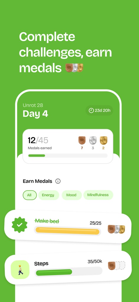 Unrot: Earn your Screen Time - This section illustrates how users 'Complete challenges, earn medals,' tracking progress with the 'Medals earned' display and showing daily tasks like 'Make bed' with their respective progress bars.