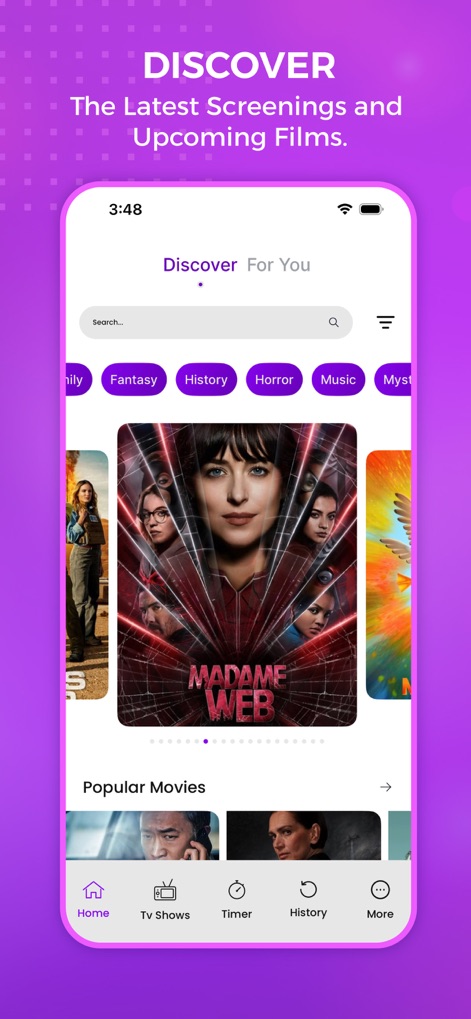 The tv app : Movie And Tv Show - La aplicación presenta la sección 'Discover For You' y categorías de género como 'Familia', facilitando la exploración de contenido para los usuarios.