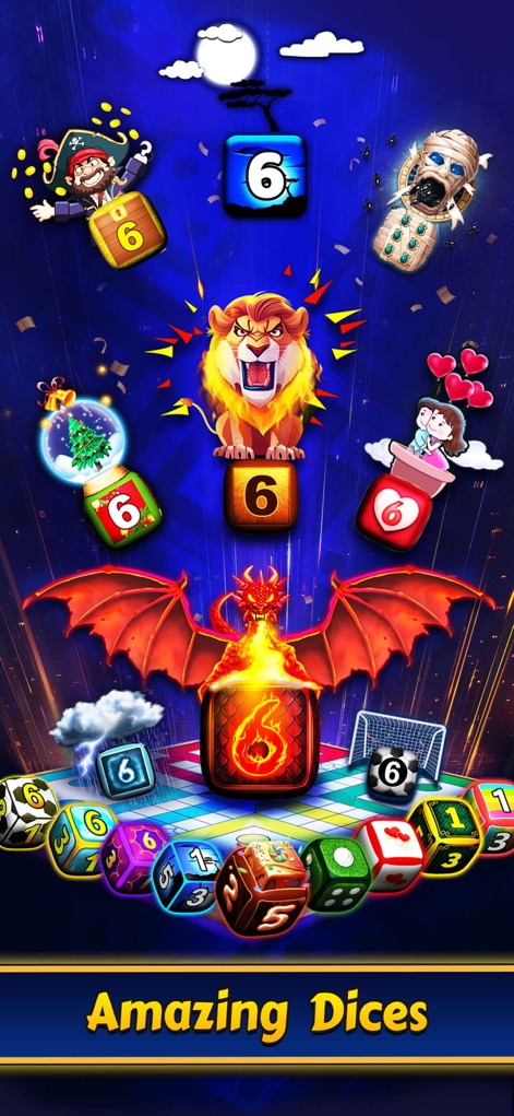 Ludo King - The app features an array of amazing dice designs, from the fierce 'Dragon' dice to the majestic 'Lion' dice, offering extensive personalization options.