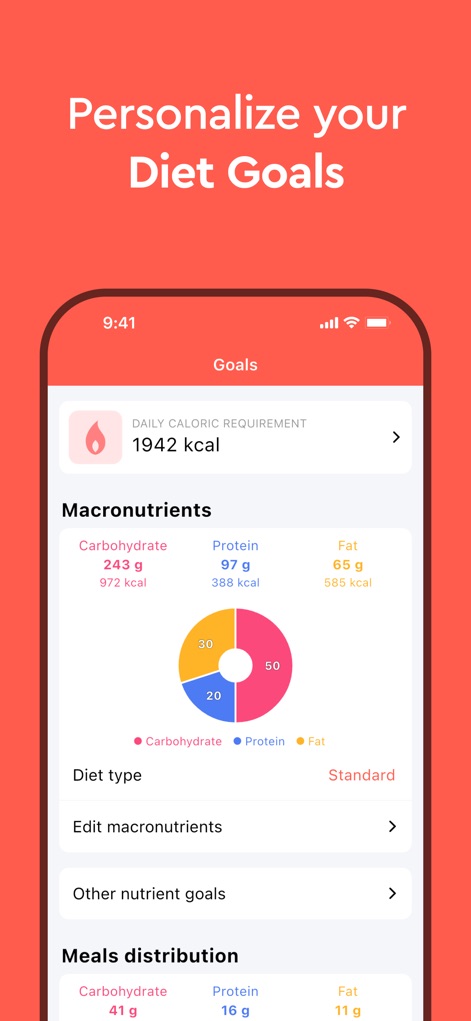 Macros - Calorie Counter - This screenshot demonstrates how users can personalize their diet, setting daily caloric requirements and visualizing macro distribution through an interactive pie chart.
