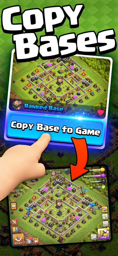 CoC Fanatic for Clash of Clans - O aplicativo simplifica a otimização de bases, permitindo que os usuários copiem layouts de bases ranqueadas diretamente para o jogo com apenas um toque, conforme ilustrado pelo dedo e a integração in-game.
