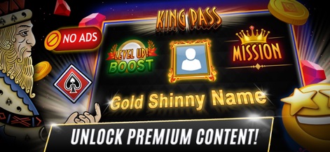 Murlan Pro - Questo screenshot illustra varie funzionalità premium, tra cui l'opzione "NO ADS" e l'esclusivo "King Pass".