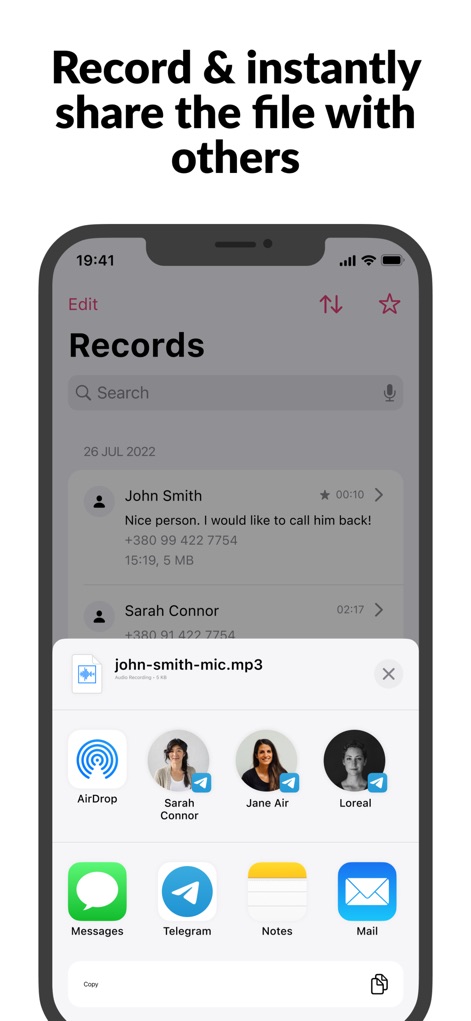 Call Recorder - Cube ACR - The app provides comprehensive sharing capabilities via a native share sheet and a clear "john-smith-mic.mp3" file preview for easy distribution.