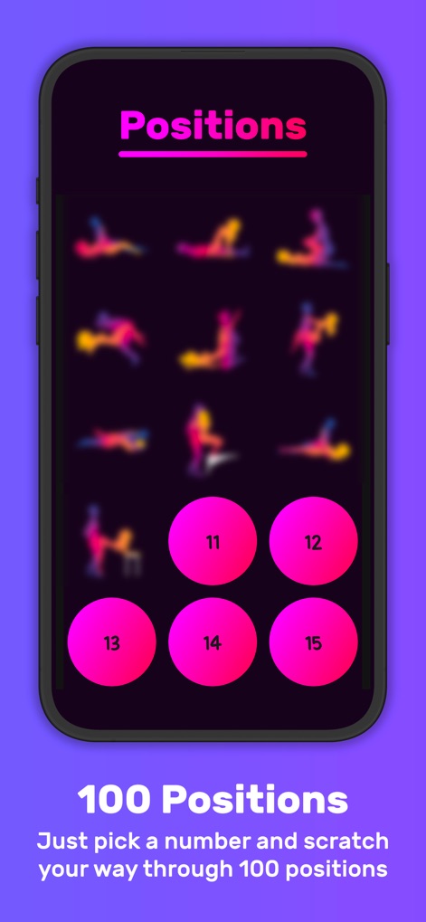 Sex Adventure: Sex Positions - Users can navigate through a clear grid display showcasing blurred position thumbnails and numbered selections, inviting them to explore the app's collection of 100 positions.