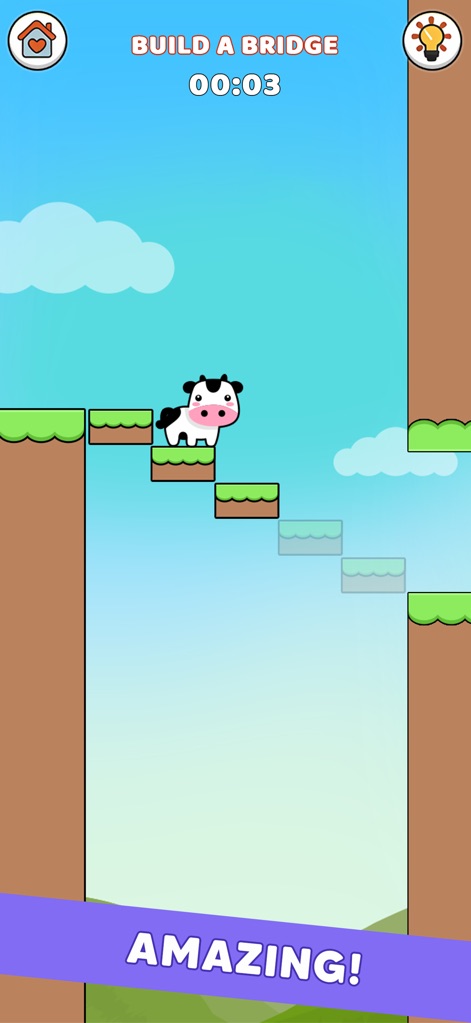 TicTack Challenge: Mini Games - The app presents a "Build a Bridge" challenge featuring an adorable cow character and interactive block placement, culminating in an "AMAZING!" success message.