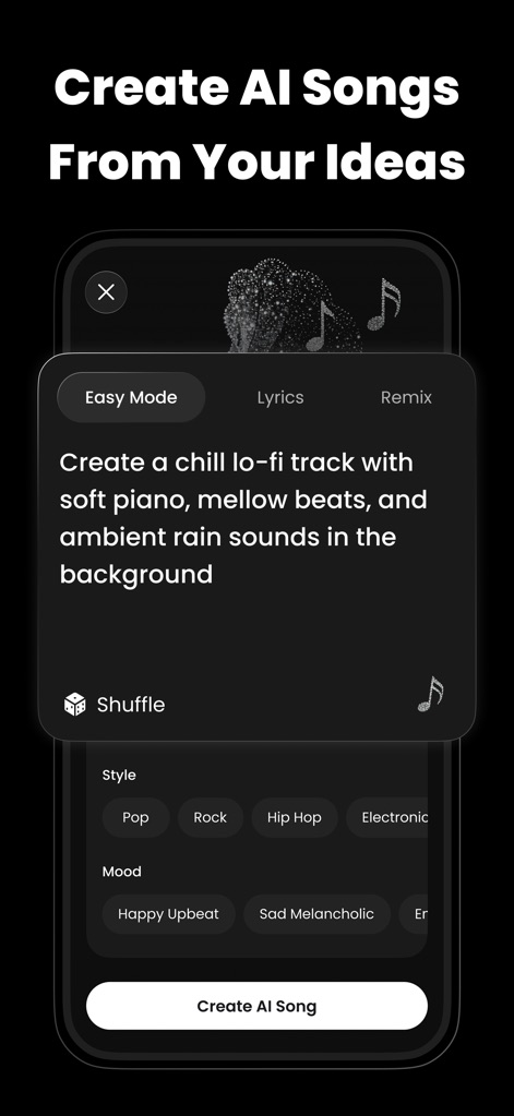 VibeMe AI: Music Video Maker - Les utilisateurs peuvent créer des morceaux originaux en "Easy Mode" avec des descriptions textuelles et affiner le rendu en choisissant des "Styles" musicaux variés.