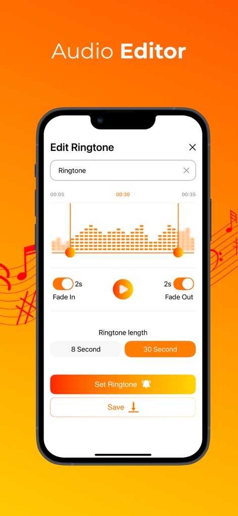 Nota Ringtones - This tool offers a clear waveform display for precise audio trimming and dedicated toggles for customizable fade-in and fade-out effects.
