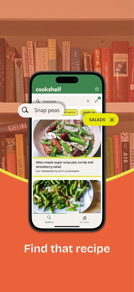CookShelf: Search Cookbooks - The powerful search function allows users to quickly locate recipes by ingredients such as 'Snap peas', displaying matching dishes and filter tags for refined results.