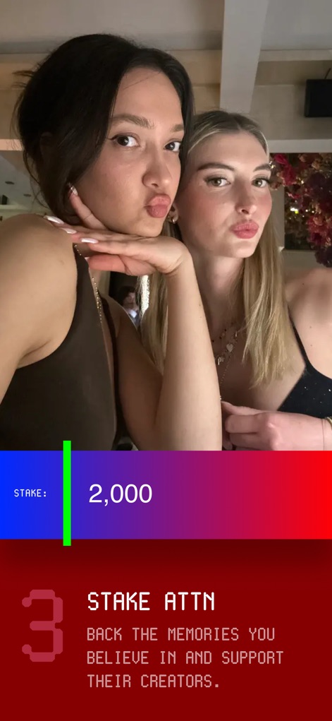 Collective Memory - This view illustrates how users can 'STAKE' digital assets, as indicated by the 'STAKE: 2,000' display, and visually represent their support with the vibrant gradient bar.