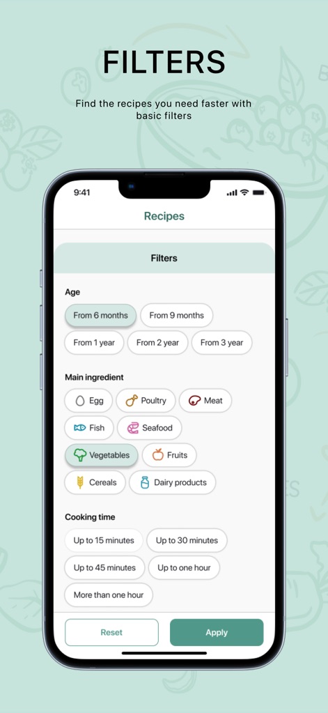 Baby Plates - Dieses Tool ermöglicht das schnelle Filtern von Rezepten nach spezifischem Alter und verschiedenen Hauptzutaten, um die Suche zu vereinfachen.
