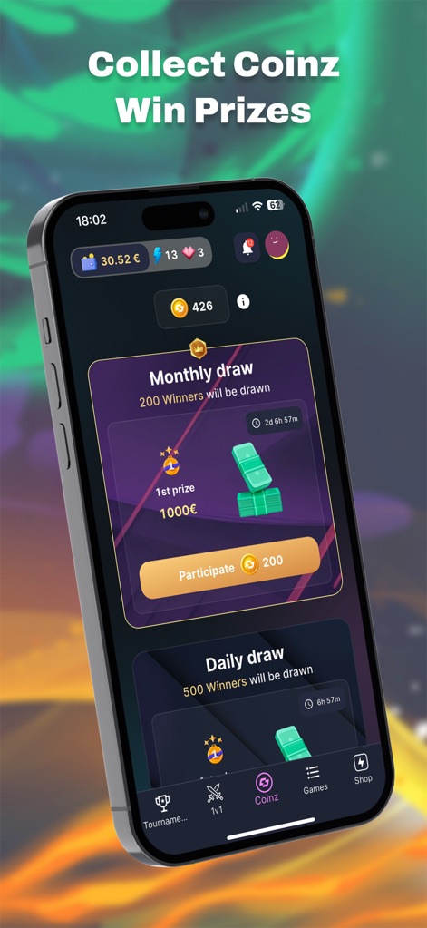 Winerz - This screen details the "Monthly draw" with a significant "1st prize 1000€" and the "Daily draw" options, demonstrating how Coinz can be used for additional prize opportunities.