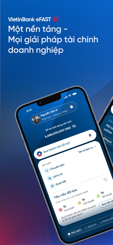 VietinBank eFAST One - L'application offre une vue d'ensemble du solde du compte et présente des raccourcis pour les actions courantes, permettant une gestion financière quotidienne optimisée et rapide.