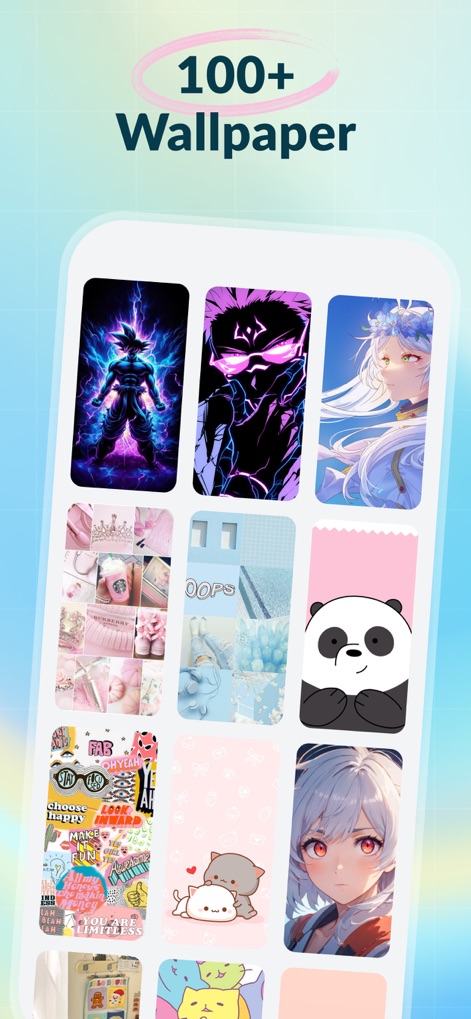 Colliz – DIY Wallpaper Craft - La aplicación ofrece una vasta galería de fondos de pantalla prediseñados, incluyendo opciones de anime vibrantes y diseños con animales adorables como pandas.