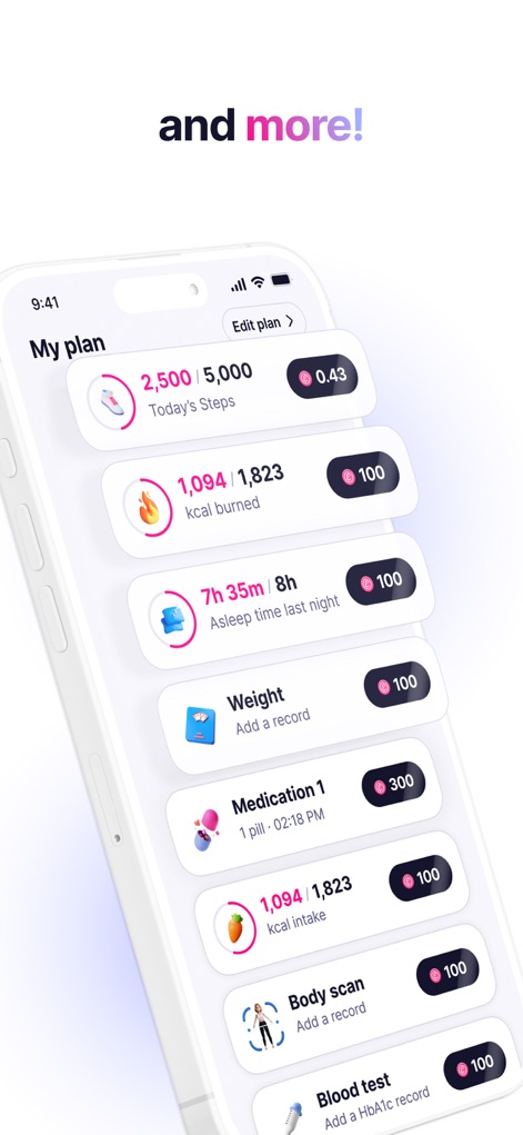 Elfie - Health & Rewards - El plan diario de los usuarios abarca una variedad de actividades, desde el seguimiento de "pasos y calorías quemadas" hasta el "manejo de medicamentos" y registros de peso.