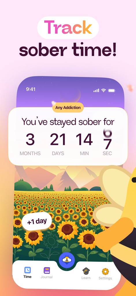 Sunflower - Quit Any Addiction - See how the app's clean tracker visually marks sobriety progress with sunflowers and displays time down to the second.