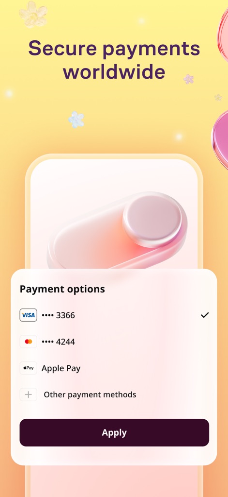 Flowwow: Flower Marketplace - The app guarantees secure global transactions by supporting various payment methods, including major cards like 'Visa' and digital wallets such as 'Apple Pay'.