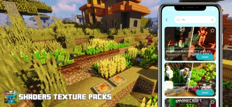 Shaders Texture Packs for MCPE - Dieses Bild zeigt verbesserte Texturdetails von Pflanzen und Landschaften, ergänzt durch die übersichtliche Benutzeroberfläche der App zur Suche nach RTX-Texturen.