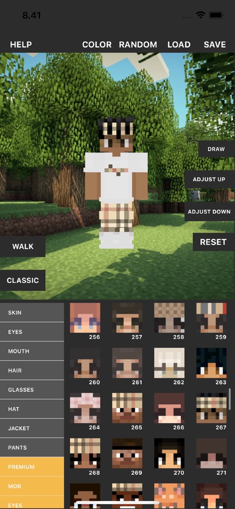 Custom Skin Creator - Choose from diverse foundational skin templates and watch your creation come to life with the interactive walk animation feature.