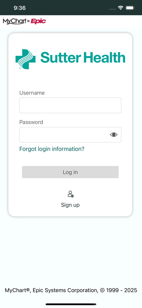 Sutter Health My Health Online - This screen provides secure access through clearly defined username and password fields, supported by the familiar MyChart platform.