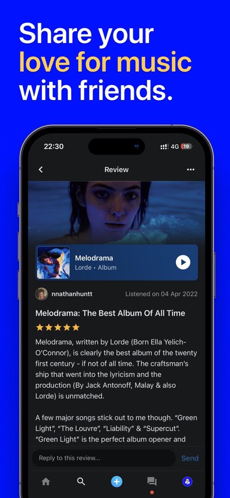 Musicboard: Albums & Songs - The platform facilitates community engagement with detailed user-generated written reviews and a clear star rating system for albums, fostering rich discussion.