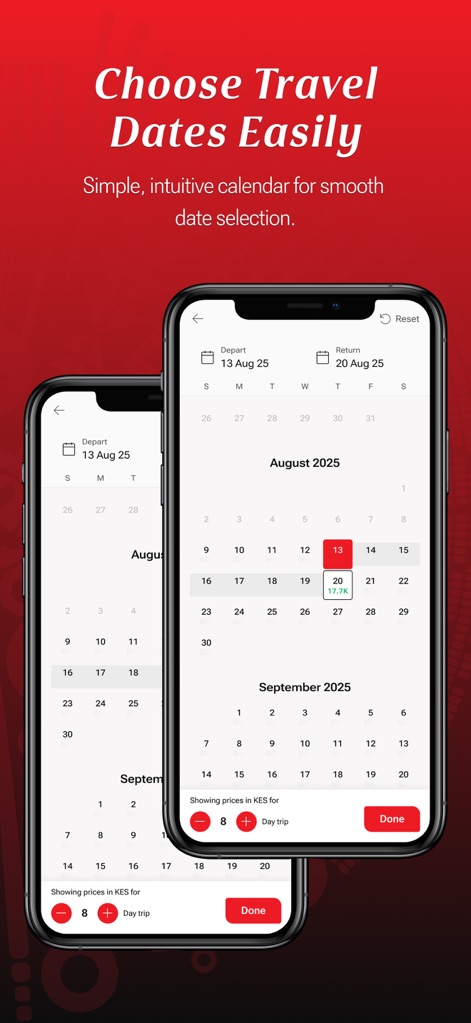 Kenya Airways - Cet outil propose un calendrier double mois pour une sélection intuitive des dates de départ et de retour, affichant clairement les dates sélectionnées et les prix associés.