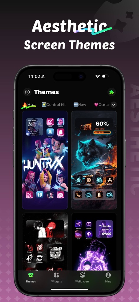 iThemes - Easy Widgets & Icons - See a wide array of aesthetic themes, including intense wolf and car visuals, alongside beautifully integrated app icons and unique widgets.