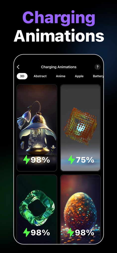 Ringtone Maker Garage - The app brings life to charging with vivid animations, showcasing diverse 3D and abstract visuals that include a battery percentage indicator.